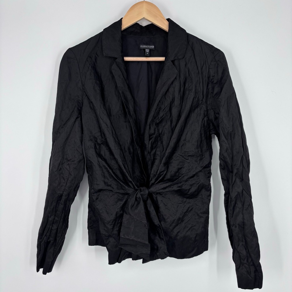 Eileen Fisher Black Steel Metallic Crinkle Tie Front Blazer Jacket Womens M